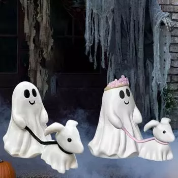 Призрак, идущий с собакой, украшение, жуткая фигурка собаки-призрака, Хэллоуин, мальчик, девочка, призрачная гуляющая собака, скульптура Boy