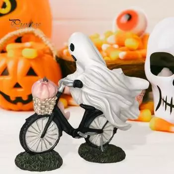Призрак на Хэллоуин и розовое украшение в виде тыквы, симпатичная статуя привидения, едущая на велосипеде, жуткая настольная фигурка из смолы, забавное украшение в виде привидения, сделанное вручную белый