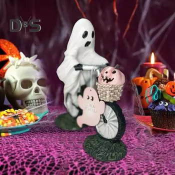 Призрак на Хэллоуин и розовое украшение в виде тыквы, симпатичная статуя привидения, едущая на велосипеде, жуткая настольная фигурка из смолы, забавное украшение в виде привидения, сделанное вручную белый