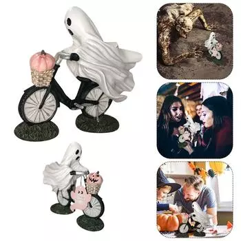 Призрак на велосипеде с розовой тыквой, украшение на Хэллоуин, привидение на велосипеде, фигурка на Хэллоуин, домашний настольный декор чёрный