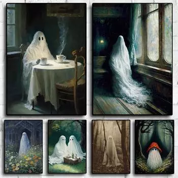 Призрак в заброшенной аркаде, ностальгический постер, темная академия, готика, ретро, волшебный принт на холсте для настенной росписи, декор для дома, комнаты, без рамки 21*30cm No Frame