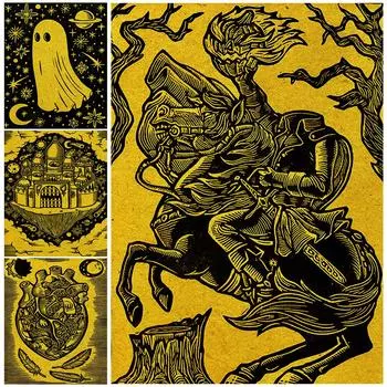 Призраки в космосе, Рыцарь с тыквой головой, Страшное сердце, Настенное искусство в стиле ретро, Картина маслом, Абстрактное искусство ужасов 21cm30cm NoFrame