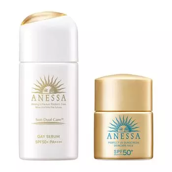 Пробный набор ANESSA Day Serum UV Tone Up Light Pink для лица [Солнцезащитное средство/Основа под макияж] Утро/День (Сыворотка/Крем/Эмульсия) 30мл+12мл SPF50+PA++++