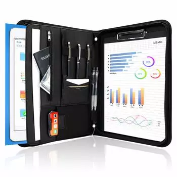 ProCase Многофункциональная папка-регистратор с зажимом для бумаги A4 Обложка для заметок Держатель документов с чехлом для планшета Чехол для смартфона Черный [с застежкой-молнией] -