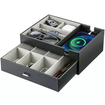 ProCase мужской поднос для хранения вещей с 2 ящиками, тумбочка, органайзер для очков, ключей, кошелька, смартфона, часов, хранения личных вещей, настольное хранение, черный цвет