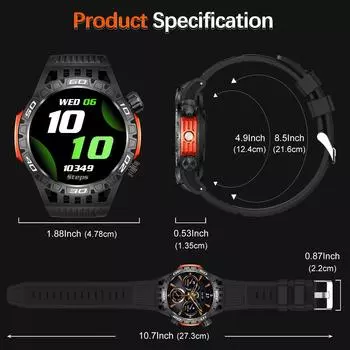 Прочные мужские смарт-часы, QTLLBT с функцией телефона, водонепроницаемые спортивные часы со степенью защиты IP68, датчик пульса и кислорода в крови чёрный