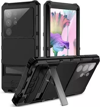 Прочный алюминиевый сплав металлический чехол для Galaxy S24 S23 S22 Ultra полный корпус ударопрочный пылезащитный чехол протектор экрана подставка For Galaxy S22 Ultra&Case & Holder чёрный