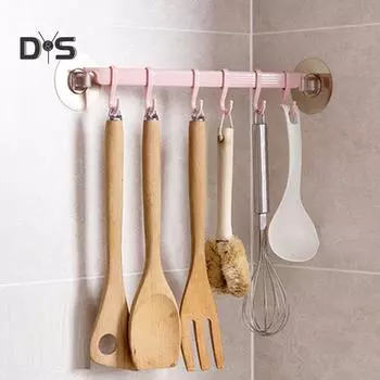 Прочный клейкий настенный держатель с 6 крючками для кухни, ванной комнаты, вешалки для хранения розовый