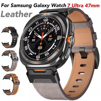 Прочный кожаный ремешок, совместимый с Samsung Galaxy Watch 7 Ultra 47 мм, браслет из нержавеющей стали с металлическим разъемом для мужчин и женщин Galaxy Watch 7 Ultra 47mm чёрный