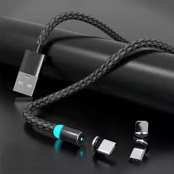 Прочный круглый магнитный светодиодный зарядный кабель длиной 1 м 2 м для iPhone — быстрая зарядка и удобство 1M Cable+Micro USB Plug чёрный