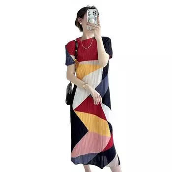 Прочный летний новый элитный и нишевый дизайн, платье с короткими рукавами и контрастными геометрическими цветами, женская темпераментная юбка средней длины. M чёрный