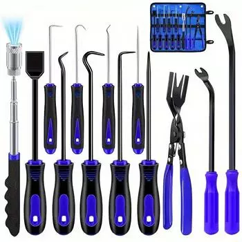 Прочный набор инструментов для механика с крючками и отмычками, включая клещи для автоматического снятия зажимов, съемник заклепок, телескопический магнитный захват, скребок для прокладок для ремонта автомобилей синий