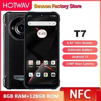 Прочный смартфон HOTWAV T7, 6,52-дюймовый HD+ экран, Android 13, аккумулятор 6280 мАч, мобильный телефон, 21-мегапиксельная задняя камера, восьмиядерный мобильный телефон