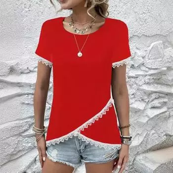Продажа новых весенних и осенних кружевных топов с круглым вырезом и короткими рукавами, а также нижних рубашек S розовый