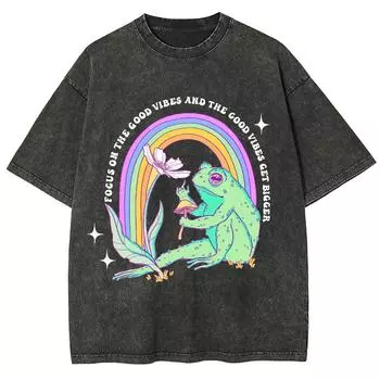 Продажа Женская футболка с принтом лягушки, радуги и цветов, из стираного хлопка, оверсайз, высокого качества, унисекс, с коротким рукавом, смешная S