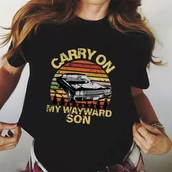 Продолжайте в том же духе, мой своенравный сын. Винтажные топы. Футболка с принтом «Сверхъестественное». Черная футболка. Эстетическая женская футболка. Футболки с ретро-графикой. S