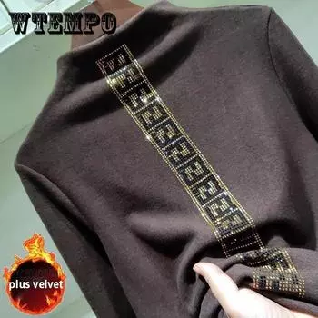 Продукция высокого качества плюс бархатная нижняя рубашка женская верхняя часть с половиной высокого воротника тонкий пуловер со стразами поездка на осень-зиму M темно-зеленого