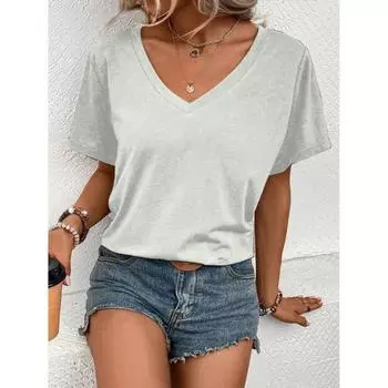 Продукт Легкая и удобная однотонная летняя женская простая футболка модная уличная с V-образным вырезом элегантный большой топ S