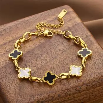 Продвинутый браслет из титановой стали с черным и белым клевером Sweet Girl Jewelry золотой