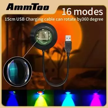 Проекционная лампа AmmToo Sunset, USB-ночник, регулируемый на 360 градусов, 16 режимов, динамический RGB для фотосъемки, заполняющий свет, настольная лампа USB Plug