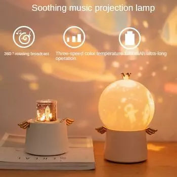 Проекционная лампа «Ангел-хранитель», зарядка через USB, музыкальная подсветка «Звездное небо», детский светодиодный цветной вращающийся ночник-шкатулка белый