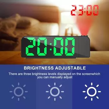Проекционный будильник Цифровые часы с поворотным на 180° проектором 12/24 ч Цифровой будильник 3 яркости Регулируемый светодиод