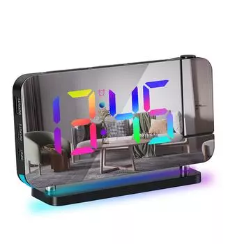 Проекционный будильник для спальни 7-дюймовые цветные светодиодные цифровые часы RGB с зеркальной поверхностью чёрный