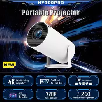 Проектор HY300 Pro 4K Android11 Dual WIFI6 260ANSI BT5.0 1080P 1280*720P HD для домашнего кинотеатра, портативный проектор для улицы EU Plug белый