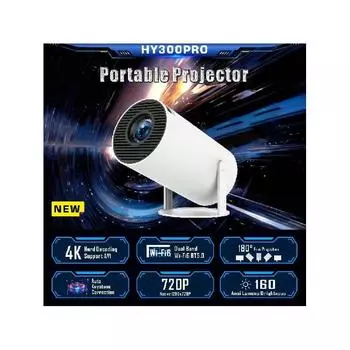 Проектор HY300 Pro Wifi 6 BT5.0 с ОС Android 11.0, автоматическая коррекция трапецеидальных искажений, 180-градусный 130-дюймовый дисплей для мобильного телефона/ПК/PS5/4K Home