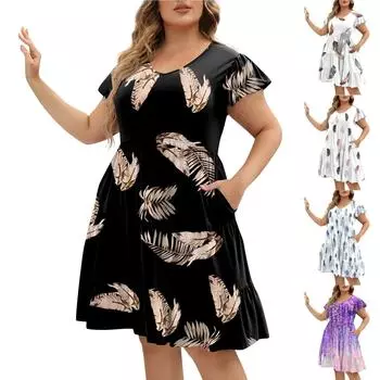 (проектор)Летнее пляжное платье для женщин, большие размеры, свободная туника с v-образным вырезом, рюшами и короткими рукавами, удобное платье трапециевидной формы с большим подолом XL чёрный