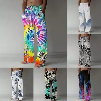 (проектор)Мужские повседневные свободные и удобные повседневные брюки, хлопковые льняные брюки с принтом на шнуровке