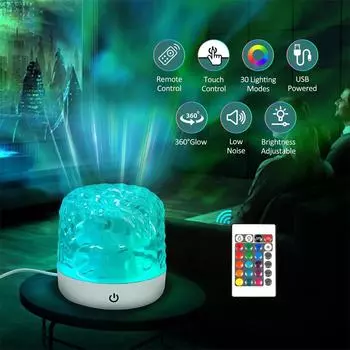 Проектор Ocean Wave Aurora Light Muti Colors Dynamic Rotating Flame Crystal Lamp с дистанционным управлением RGB Dimmable для декора гостиной