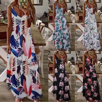 (проектор)Женские свободные платья с принтом без рукавов, повседневное длинное платье с карманами M синий