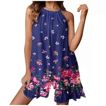 (проектор)Женское модное повседневное летнее свободное удобное платье без рукавов с принтом в складку S синий