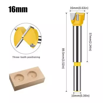Professional Grade Woodworking Hole Opener 15-100Mm Hand Electric Drill Wooden Board Reaming Drill, Hinge Alloy Plastic Wood Three-tooth double-edge hole opener yellow-16mm