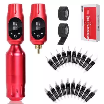 Профессиональная беспроводная тату-машина с 20 шт. картриджами с регулируемой скоростью, цифровая мощность татуировки, наборы для всего тела чёрный