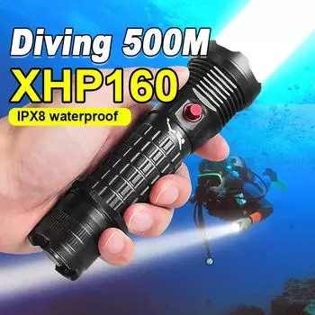 Профессиональная подводная охота, подводное плавание XHP160LED, фонарь для дайвинга, 9900LM, фонарик для дайвинга 18650 26650, подводный фонарик without battery чёрный