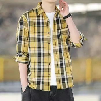 Профессиональная рубашка, винтажная рубашка в клетку с градиентом и длинным рукавом, мужские повседневные топы, модная рубашка M жёлтый