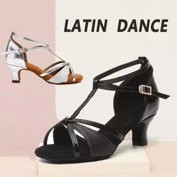 Профессиональная женская обувь для бальных танцев, домашняя обувь для латинских танцев, сальса, средний каблук 5 см 34 чёрный