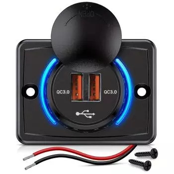 Профессиональное двойное быстрое зарядное устройство QC3.0 с панельным креплением, гнездо 12–24 В — быстрая зарядка 3.0 для автомобилей, грузовиков и морских судов со светодиодным индикатором Flip, 5V3.1A, 1PC синий