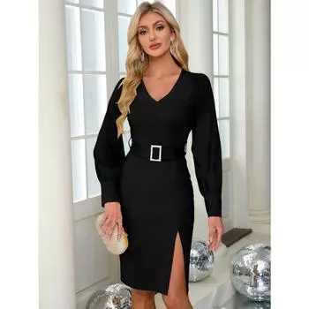 Профессиональное облегающее платье осень/зима с V-образным вырезом, длинным рукавом, поясом, запахом, трикотажное платье для женщин S синий