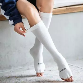Professional Non Slip Five Finger Pilates Socks Women Pure Color Long Tube Yoga Socks Fitness Special Socks Open Toe Room Socks White-Open Toe