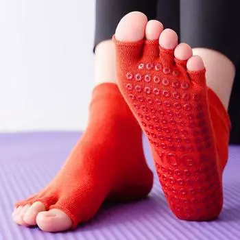 Professional Non Slip Women s Yoga Socks Combed Cotton Pilates Summer Room Socks Beginner Silicone Five Finger Yoga Socks Red [half toe bag back]]