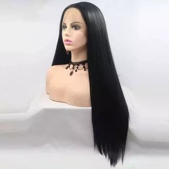 Профессиональные 1B # черные парики, длинные шелковистые прямые черные волосы 13x3, парик на шнурке для женщин, термостойкое волокно, замена волос 150%&Front lace headgear&24inches