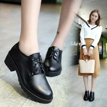 Профессиональные черные кожаные туфли с круглым носком, женские туфли на плоской подошве с неглубоким носком, студенческие однослойные туфли на шнуровке, повседневные туфли на толстом каблуке 35 чёрный