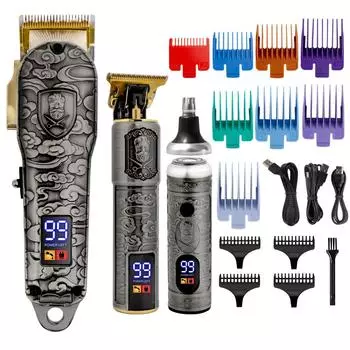 Профессиональные машинки для стрижки волос для мужчин, 3 комплекта парикмахерских машинок для стрижки волос, набор триммеров с ЖК-дисплеем, аккумуляторная машинка для стрижки волос для семьи серый