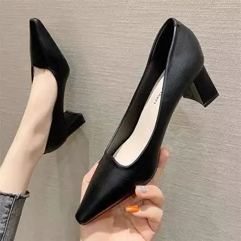 Профессиональные стильные туфли на высоком каблуке в корейском стиле с квадратным носком на массивном каблуке, женские туфли в стиле Wanwan Lei из мягкой кожи с неглубоким носком 34
