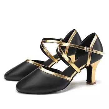 Профессиональные женские современные туфли для бальных танцев на каблуке 7 см из искусственной кожи с верхом 34 чёрный/золотой