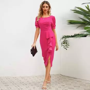 Профессиональные женские тонкие темпераментные платья с оборками и разрезом S чёрный