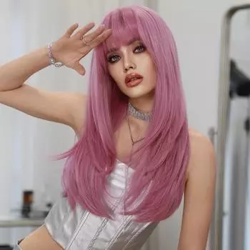 Профессиональный длинный прямой парик цвета сакуры для чернокожих женщин, натуральные синтетические свободные многослойные парики с челкой-занавеской, высокая плотность, 26 дюймов